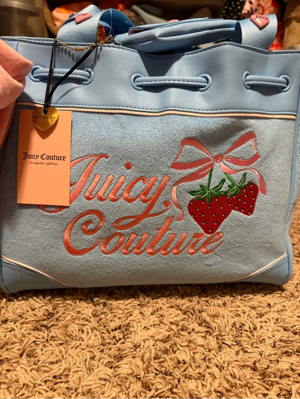 Juicy Couture Light Blue Tote with Pink Embroidered Logo & Strawberry Motif